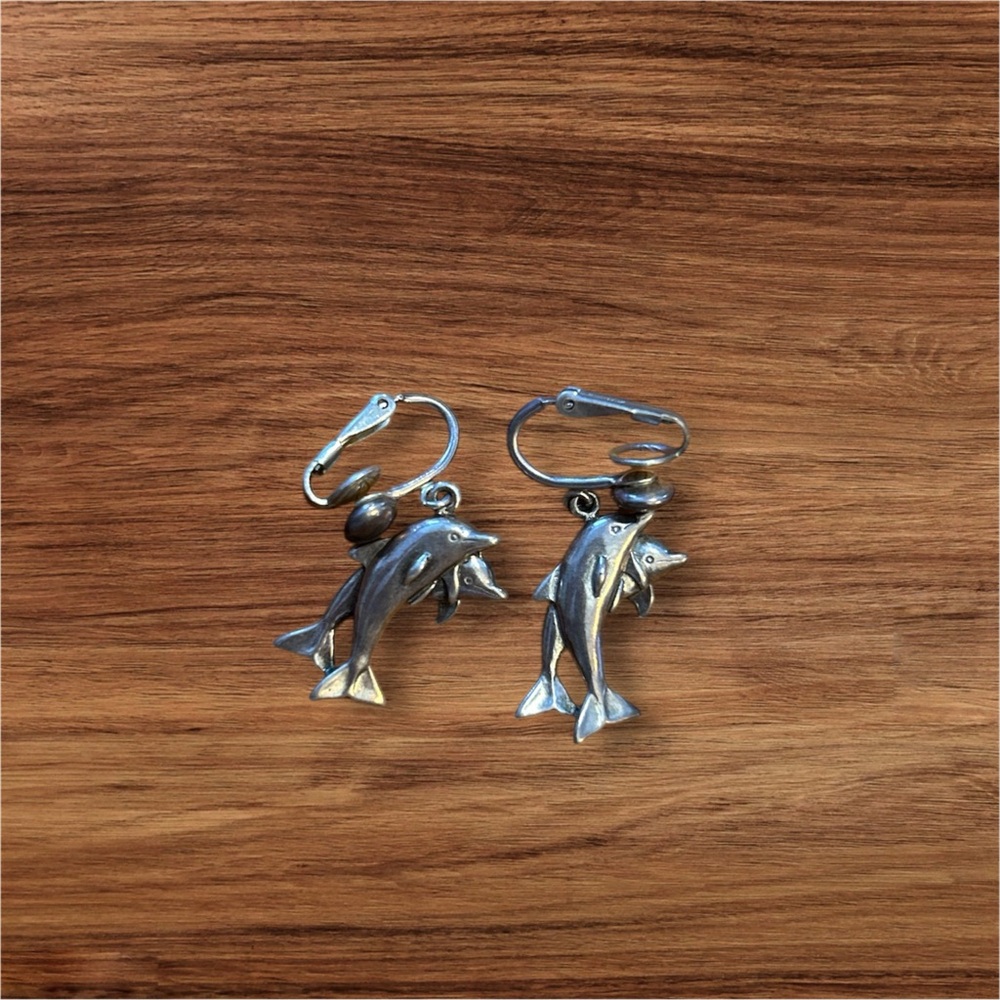 vintage sterling silver Dolphin clip on Earrings